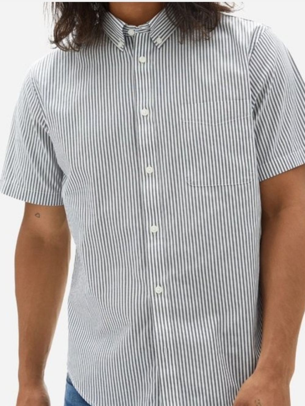 EVERLANE Air Oxford Short Sleeve Striped Button Down Shirt Navy Blue White M